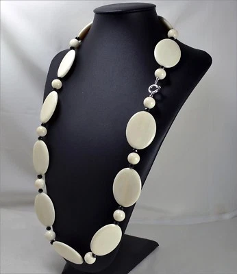 COLLANA LUNGA IN ARGENTO 925 CON OVALI D'OSSO E SPINELLI NERI AGLN 0117 - Immagine 1 di 3