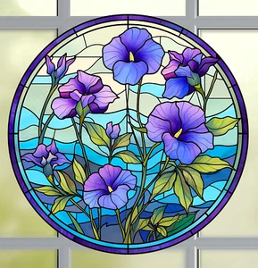 Morning Glory Flowers Faux Stained-Glass WINDOW CLING Size 8" Round Vinyl - Picture 1 of 1