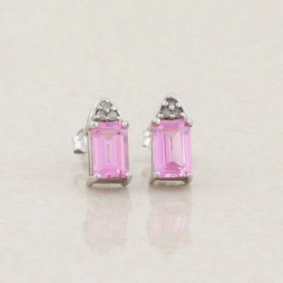 10k White Gold Lab Created Pink Sapphire & Diamond Earrings Stud Post - Image 1 of 4