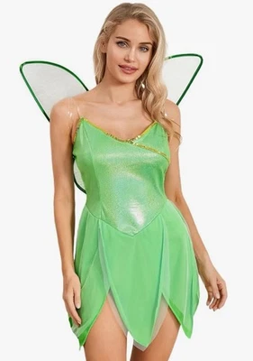 Tinkerbell Fairy Costume Cosplay Green Dress With Wings & Gold Bloomers Fits M - Image 1 of 4