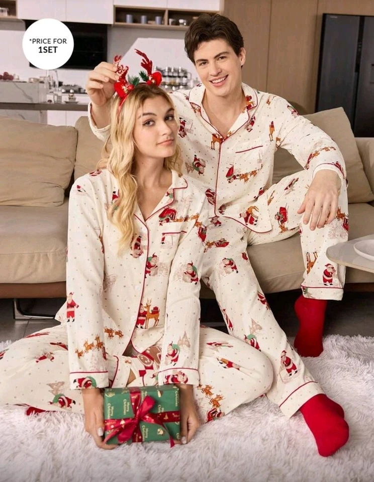 Couple Christmas Pajamas Set Long Sleeve Sleepwear Nightwear Loungewear PJS Set