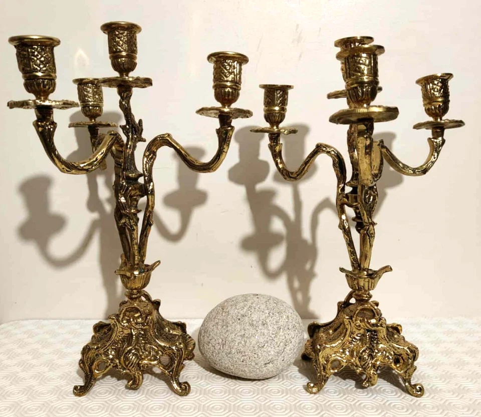 paire de chandeliers ancien en bronze doré 5 branches vintage - Photo 1/4