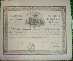 DIPL546 - DIPLOME ACADEMIE IMPERIALE DES SCIENCES ARTS BELLES LETTRES DE SAVOIE - Picture 1 of 4