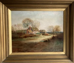 ANTIQUE OIL PAINTING Large British Primitive Cottage Landscape By JONES 1911 - Picture 1 of 13