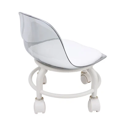 White Low Rolling Stool With Wheels Back Support Small Acrylic Short Silent DW - Image 1 of 4