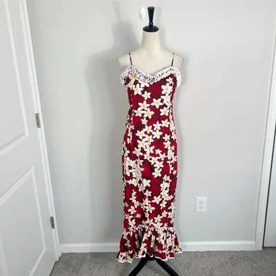 Vtg 80s Hawaiian Royal Creations Ruffle Muumuu Red Hibiscus Floral Maxi Dress XL - Image 1 of 4