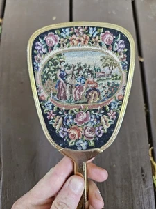 Vintage Petit Point Embroidered Floral Vanity Hairbrush w Gold-Tone Handle Brush - Picture 1 of 10