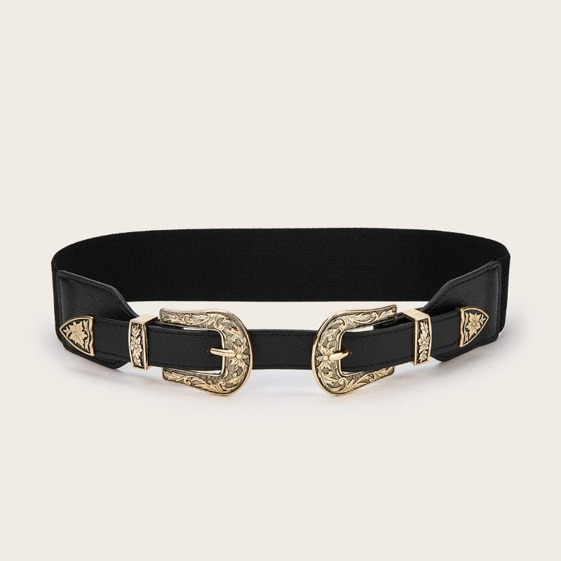 Women Special Elastic Waist Belt Dress Cinching Decoration Double Buckle Pu