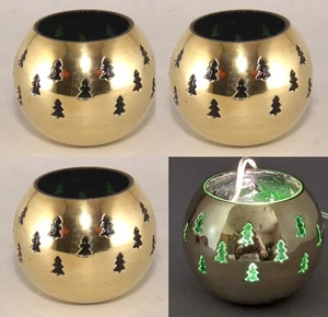 Votive Candle Holder Brass Green Glass Liner Tree Cutouts 4"D  3.25"H Set/4 - Picture 1 of 4