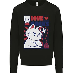 Cat Love Sucks Anti Valentines Singles Day Kids Sweatshirt Jumper - Picture 1 of 12