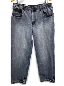 Orvis Men 5 Pockets Jeans Size 36 x 38 Blue Straight Light Wash Leather Trim - Picture 1 of 8
