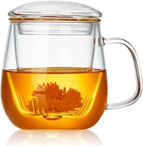 Glass Tea Cup with Infuser & Lid 520ml | Large Clear Mug for Loose Leaf Tea - Picture 1 of 6