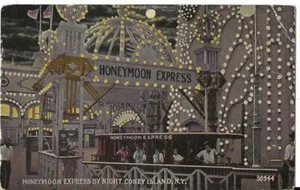 POSTCARD-1929 HONEYMOON EXPRESS BY NIGHT, LUNA PARK, CONEY ISLAND, NEW YORK - Picture 1 of 1