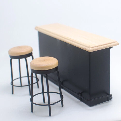 Dollhouse Miniature Furniture 1:12 Model Mini Table Taproom Bar Counter 2 Stools - Image 1 of 4