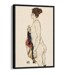 EGON SCHIELE, STANDING NUDE WOMAN WITH ROBE-FLOAT EFFECT FRAMED CANVAS ART PRINT - Picture 1 of 12