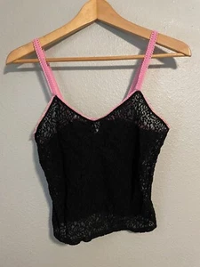 Vintage Womens Crop Tank Top Medium Black Floral Lace Sheer Whimsigoth Fairy Y2K - Picture 1 of 7