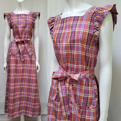Maxi Vestido Vintage Años 60 Púrpura A Cuadros Tafetán con Cinturón de Corbata - Talla 2XS Foto 1 de 4