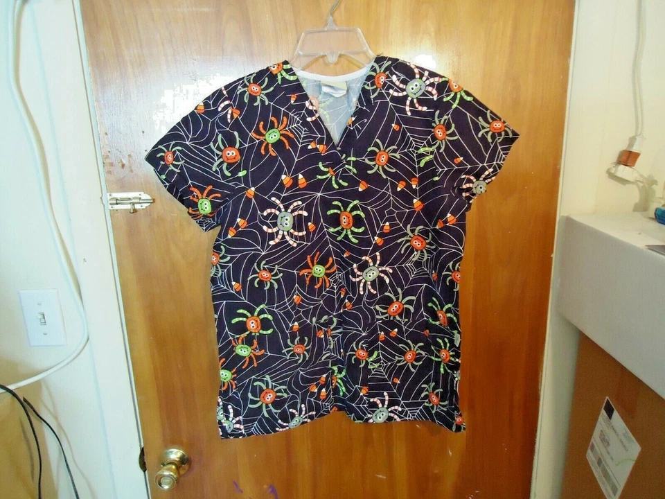Tafford Size XS Short Sleeve Black Multi Color Halloween Spiders Scrubs Top - Image 1 of 4