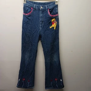 Vtg Disney Winnie the Pooh Jean Flare Embroidered Zip Floral Girls Sz 12 - Picture 1 of 6