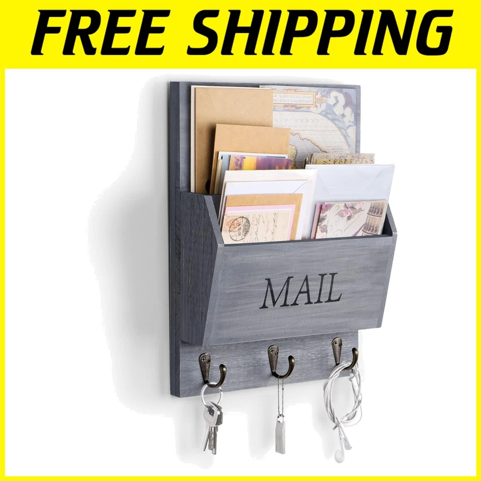 Rustic Mail Organizer with Key Holder, Gray - Image 1 of 4