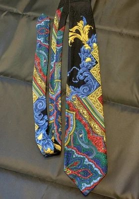 GIANNI VERSACE VINTAGE AÑOS 90 CORBATA BARROCA RAYAS PAISLEY ATELIER ITALIA ORO AZUL Foto 1 de 4