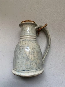 Tubby Mud Company Pottery Mug Jug With Cork Signed Small Pitcher Blue & Cream - Picture 1 of 15