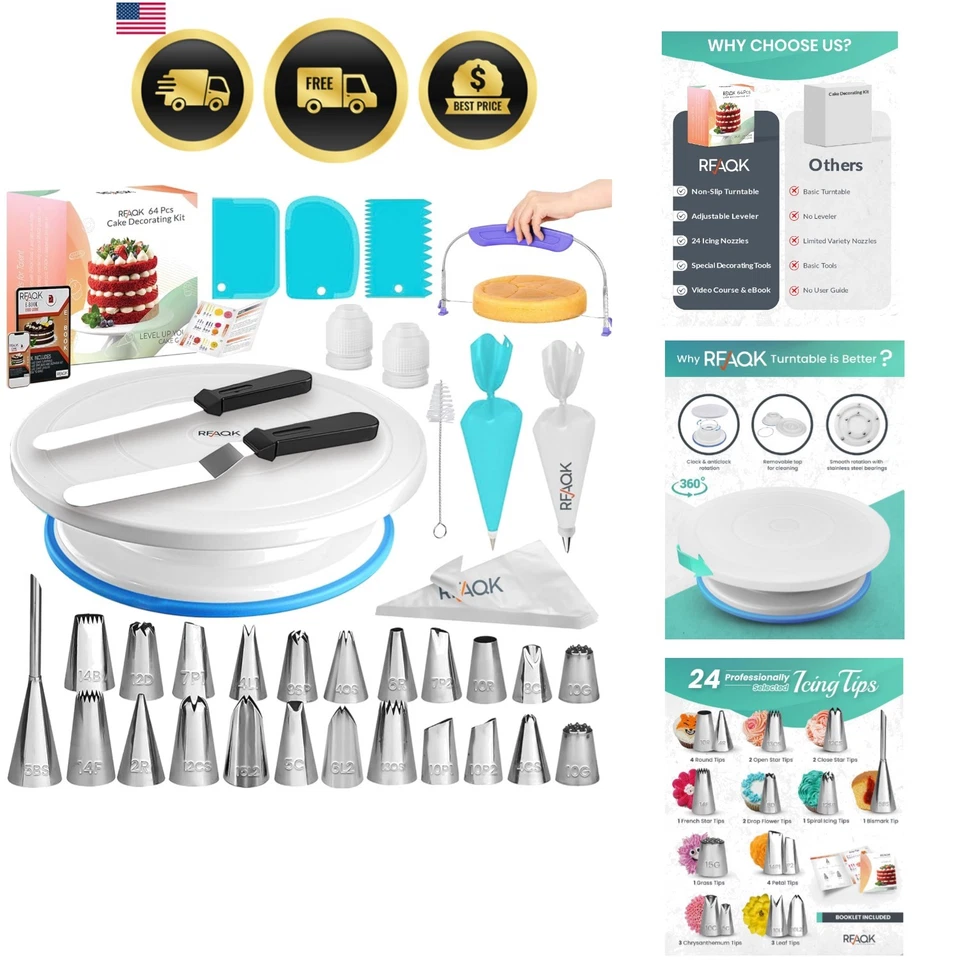 64 Pcs Cake Decorating Supplies Kit W Turntable Leveler 24 Numbered Icing Pcs