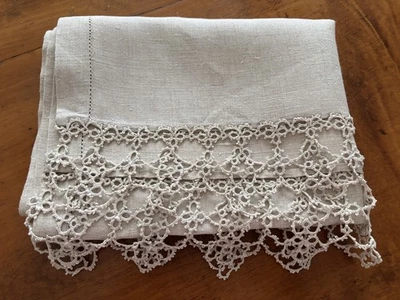 Vtg Antique 54" Long Natural Linen Table Runner 3" Wide Hand Tatted Lace Trim - Image 1 of 4