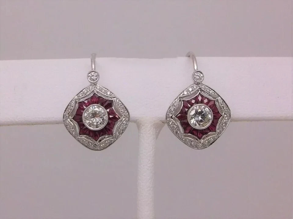 2Ct Round Lab-Created Diamond 14k White Gold Plated Art Deco Drop/Dangle Earring - Image 1 of 3