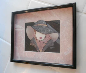 ART DECO RETRO SIGNED FRAMED 3-D COLLAGE PRINT LADY IN HAT 14 1/2" X 11 1/2" - Bild 1 von 6