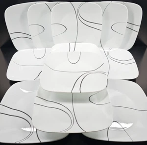 12) Corelle Simple Lines Dinner Plates Set Corning Square White Black Dishes Lot - Picture 1 of 23