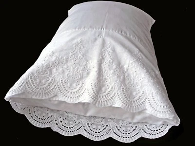 New White Cotton Sateen EmbroideryLace PillowCases Standard Queen King Pair M2# - Image 1 of 4