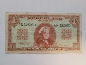 1945 Netherlands 1 Gulden Queen Wilhelmina AN355930 Bank Note - Picture 1 of 2