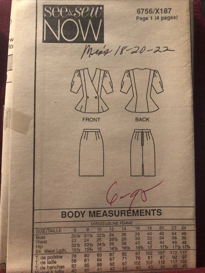 6756 Vintage Butterick Sewing Pattern Misses Jacket Skirt Suit Top 18-20-22 - Image 1 of 1