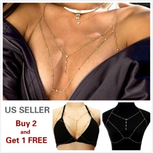 Body Chains Full Metal Chest Breast Bikini Bra chain Style E Gold Crystal - Picture 1 of 2