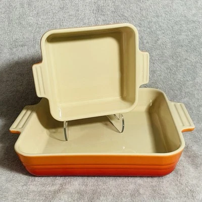 Orange Le Creuset Oven Cook Ware Med & Small Casserole Dishes Set Of 2 Looks New - Image 1 of 4