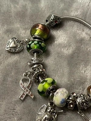 Pandora 925 Garden of Life Pink Ribbon Bracelet w 17 Beads Hearts & Charms - Image 1 of 4