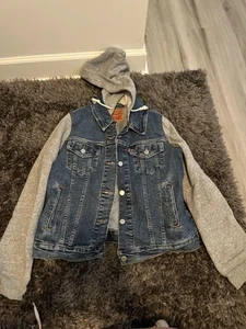 Levi's Large L women’s Heathered Gray Sleeves Blue Denim Hooded Trucker Jacket - Picture 1 of 7