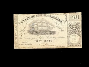 1866 50¢ STATE OF NORTH CAROLINA CONFEDERATE NOTE LIGHT FOLDS, TINY PINHOLES - Picture 1 of 2