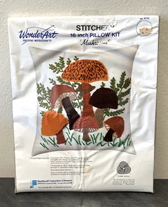 NOS 1970s Vintage WonderArt Mushrooms Crewel Embroidery 16" Pillow Kit #9132 - Picture 1 of 4