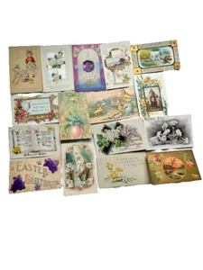Vintage Ostern Postkarten Lot 16 - 1900er Hasen Küken Blumen Kreuze Jesus - Bild 1 von 2