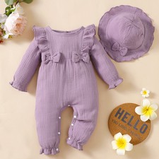 2PCS Newborn Baby Girls Clothes Ruffle Romper Jumpsuit Bodysuit Hat Outfits Set