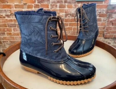 Sporto Navy Blue Floral Tooled 9 Bella Waterproof Lace-Up Duck Boot Zipper New - Image 1 of 4