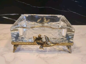 Vintage Glass Crystal Ashtray on a Gilt Ormolu Base Stand Hollywood Regency MCM - Picture 1 of 12