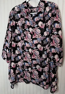 Attention Womens TOP 4X Black Red Blue Floral Collar Buttons Career Date Night - Picture 1 of 15