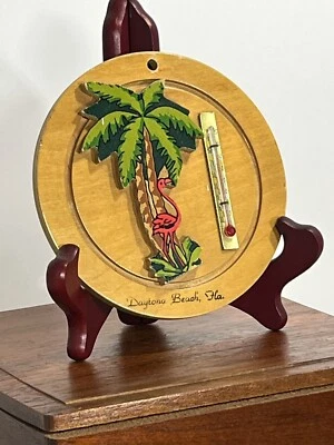 Vintage Daytona Beach, Fla thermometer 4 3/4" High Beachcorp Flamingo Palm Tree - Image 1 of 4