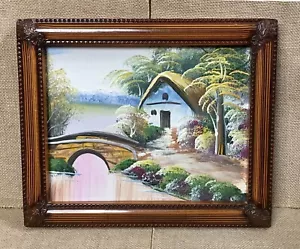 Quadro arte da parete ponte casetta paglia cornice finto legno nucleo goblin hygge - Foto 1 di 3