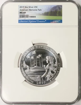 2019 25c American Memorial Park ATB 5oz Silver Quarter 25c NGC MS69 - Image 1 of 4