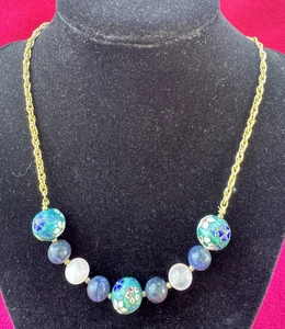 Vtg Hobe Gold Chain Necklace with Chinese Cloisonne Beads, Lapis & Rose Quartz - Picture 1 of 9