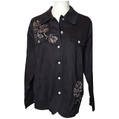 New Quacker Factory Denim Jacket Women's Med Brushed Cotton Bling Floral Black - Image 1 of 4